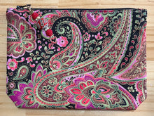 Load image into Gallery viewer, Black & Gold Paisley Pouch with boxed bottom - 19.5cm x 14cm with Zipper Charm