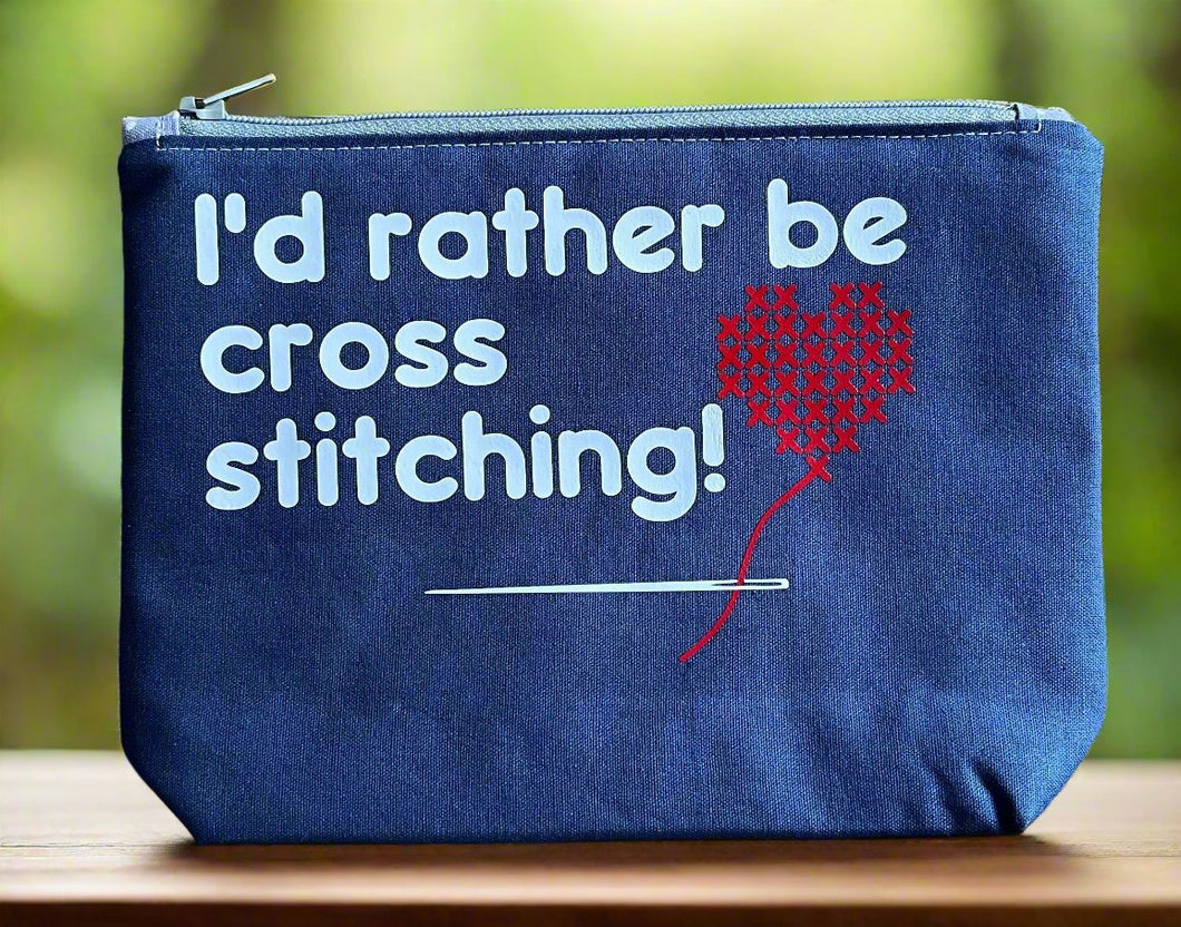I'd Rather be Cross Stitching Blue Pouch with boxed bottom - 19.5cm x 14cm with Zipper Charm