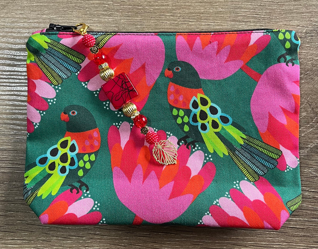 Lorikeet Pouch with boxed bottom - 19.5cm x 14cm with Zipper Charm