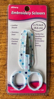 Pale blue coloured polka dot embroidery cross stitch scissors 9.6cm.