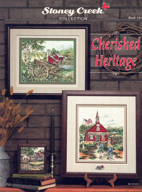 Stoney Creek Collection 'Cherished Heritage' book cover with framed illustrations of a red barn and schoolhouse.