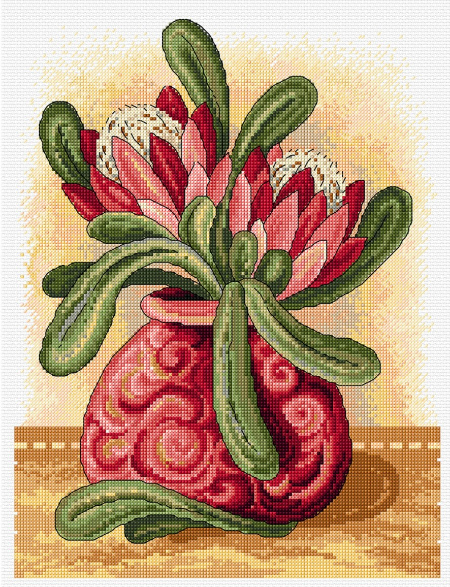 Proteas in a Pink Vase - Country Threads Counted Cross Stitch Chart FJP-2022