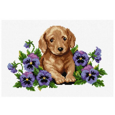 DMC Cross Stitch Puppy with Flowers